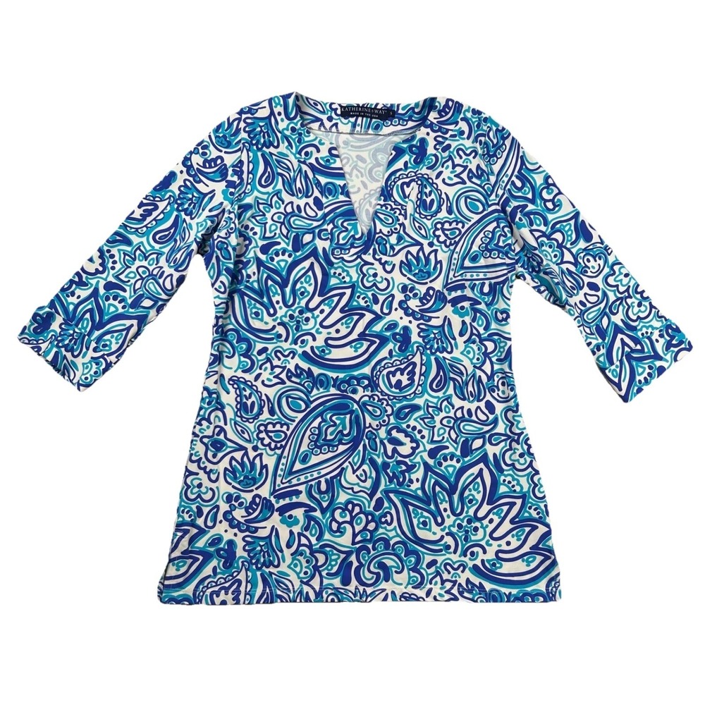 Katherine Way Top Womens Sm Floral Tunic V Neck Performance Stretch Beachy USA